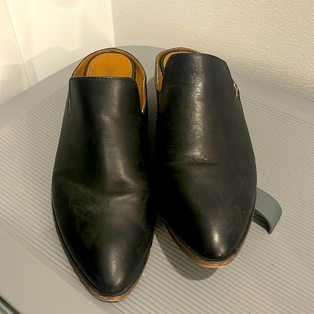 Worn twice Frye black mules